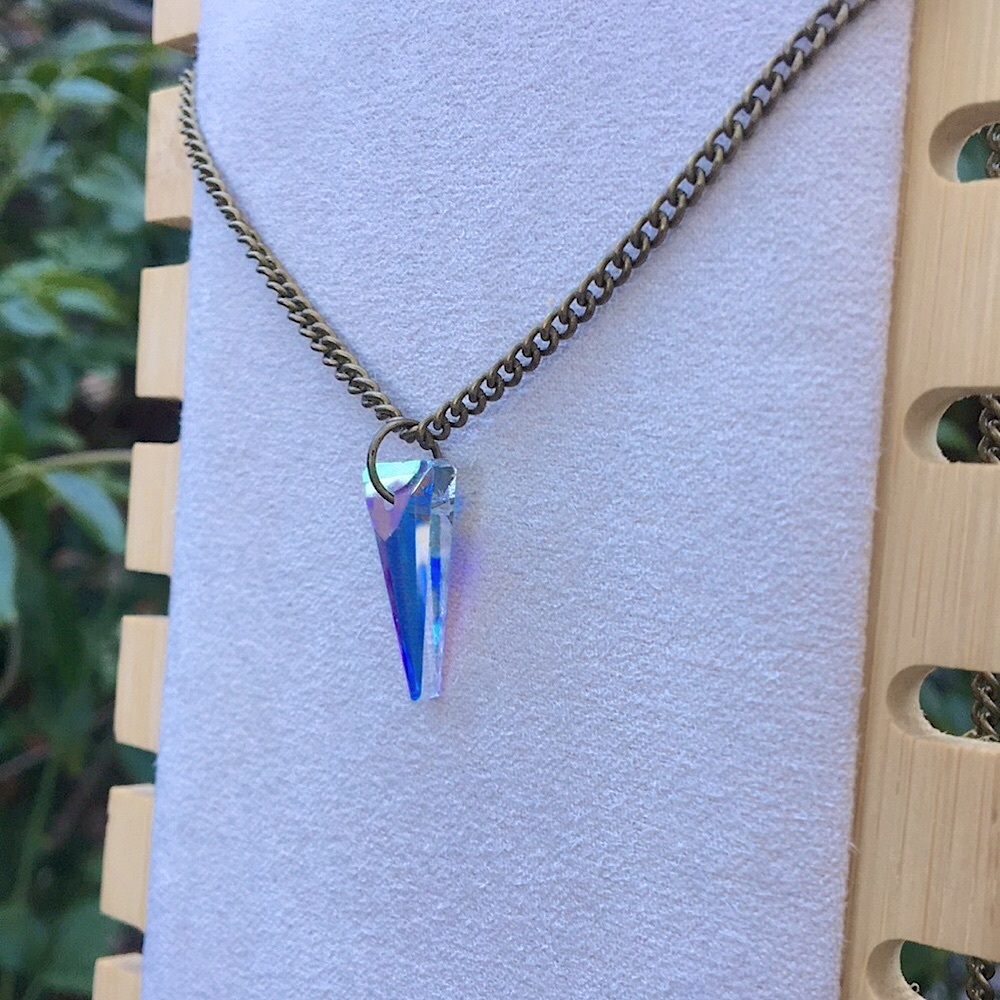 Aurora Borealis Crystal Spike Antique Brass Drop Pendant Necklace - Picture 8 of 9